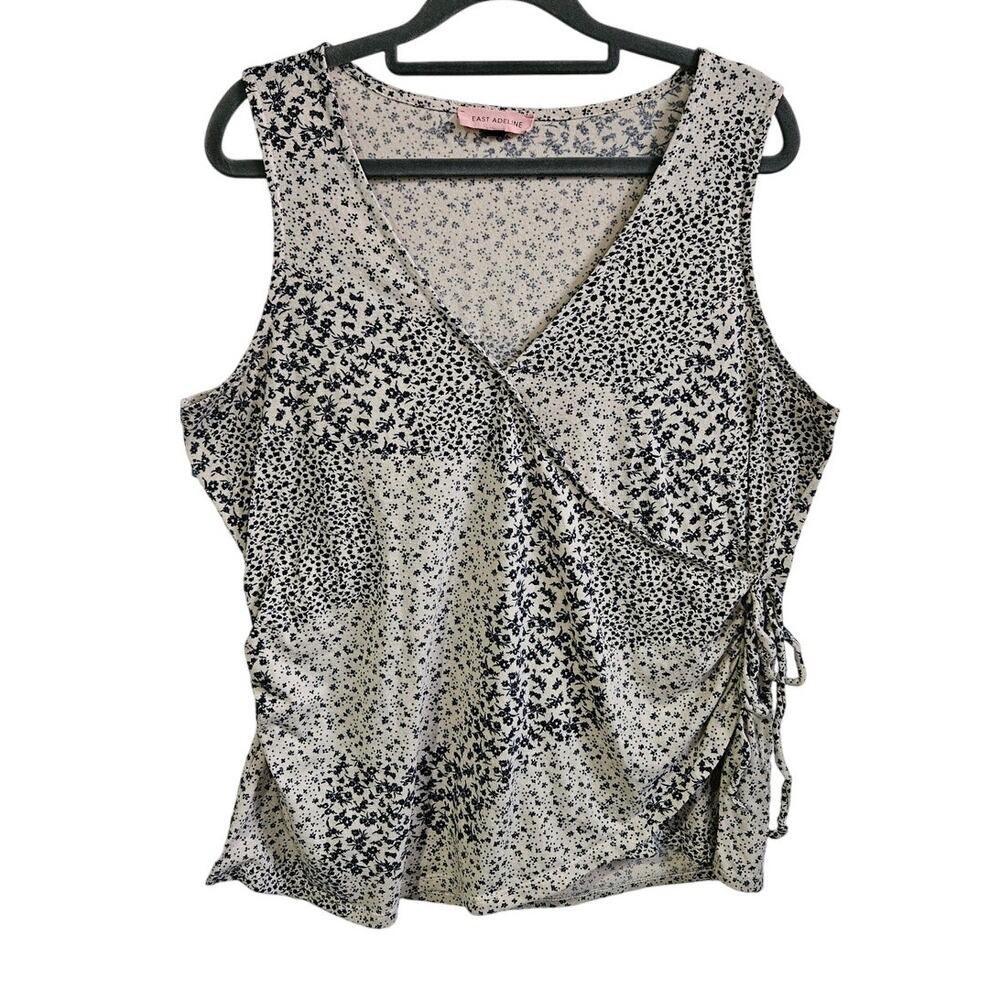 East Adeline Women's 0X Sleeveless Wrap Blouse Mixed Ditzy Floral Beige Black